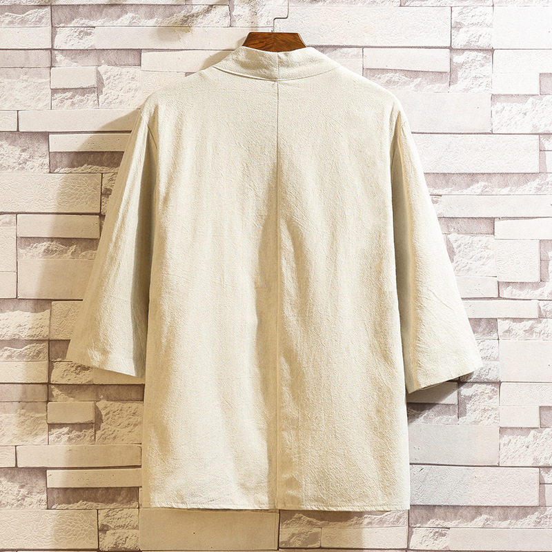 Comercio exterior simple estilo chino verano hombres de color sólido hanfu camisa más tamaño algodón y lino 3/4 manga cardigan