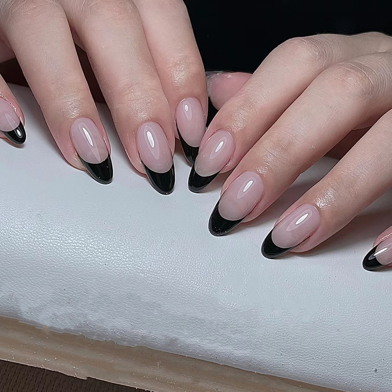 Simple Almond Black French Side Nail Art Wholesale Pure Fairy Fingernail Sheet Removable Nails