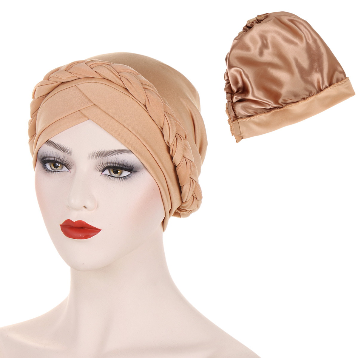 women's forehead double cross solid color satin lined braided turban hat Muslim pullover hat in stock_voghion.com