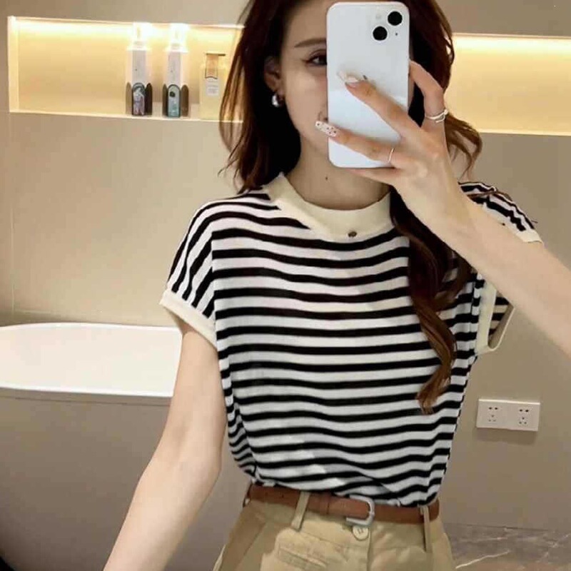 26 Summer Knitwear Plus Size Summer Round Neck Sleeveless Striped Short Sleeve T-Shirt Women's Loose Fine Wool Knit Vest