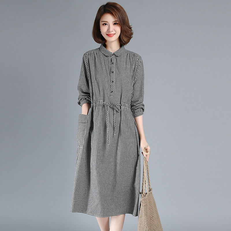杭州四季青素素正品订长袖连衣裙女新款秋季气质妈妈格子裙子