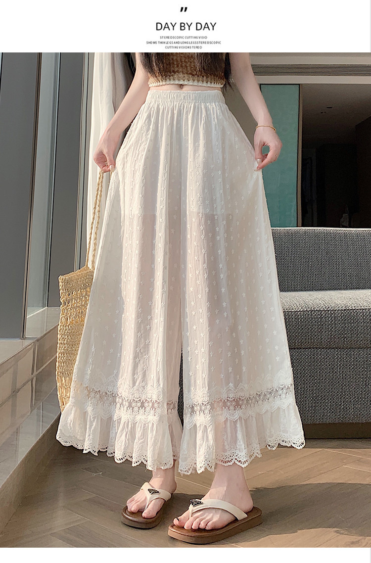 Quần culottes nữ ống rộng ren thêu rỗng cạp cao — màu trắng chi tiết 16