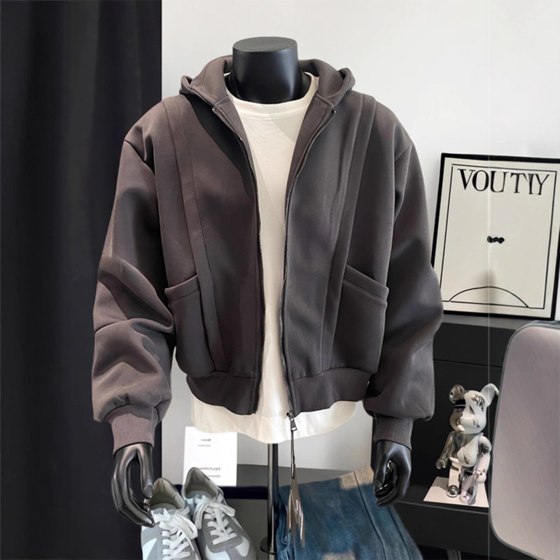 Paris Gray Short Sweatshirt Men's Autumn and Winter 400g Heavy Stiff American Zipper Jacket Deconstructed Splicing Hoodie Paris Gray Short Sweatshirt Men's Autumn and Winter 400g Heavy Stiff American Zipper Jacket Deconstructed Splicing Hoodie