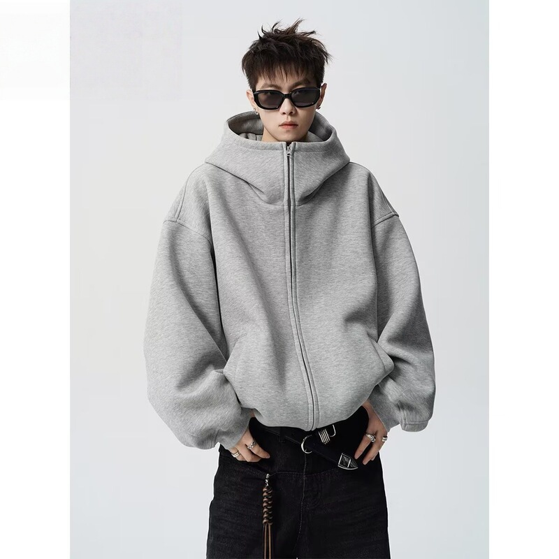Half Turtleneck Hooded Jacket Men's American Retro Heavyweight Casual Design Versatile Comfortable Loose Zipper Jacket