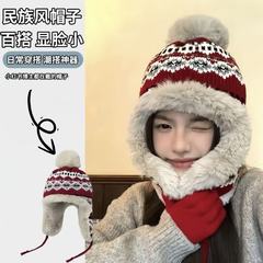 民族风帽子女冬款针织保暖骑行防寒加绒加厚显脸小护耳棉帽雷锋帽