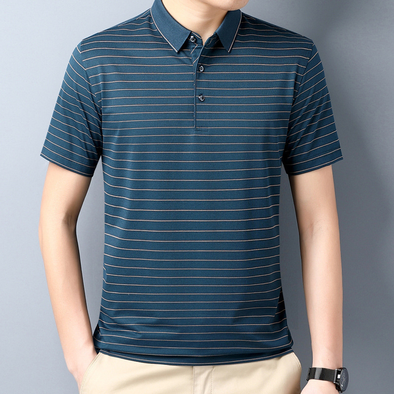 New Men's Mulberry Silk Short-Sleeved T-Shirt Business Casual Lapel Striped Young and Middle-Aged Non-Iron Polo Shirt Top t