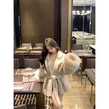 灰色v领绑带毛呢外套女秋冬季长袖宽松高级感大衣拼接中长款上衣