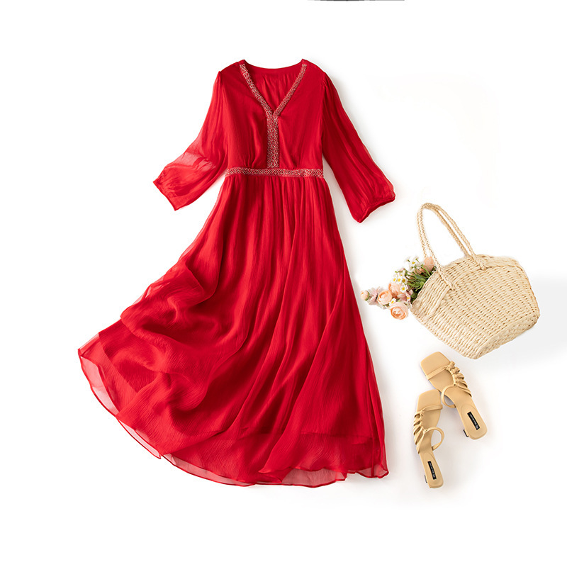 Elegant New Mid-Length Silk Dress with Beaded Long Sleeves, Mulberry Silk Beach Dress 26034
