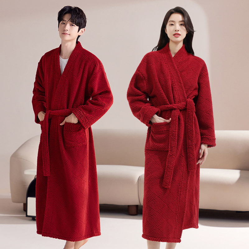Couple's Nightgown, Women's Coral Velvet Long Pajamas, Red Zodiac Year Thickeneded Flannel Men's Bathrobe, Home Clothes