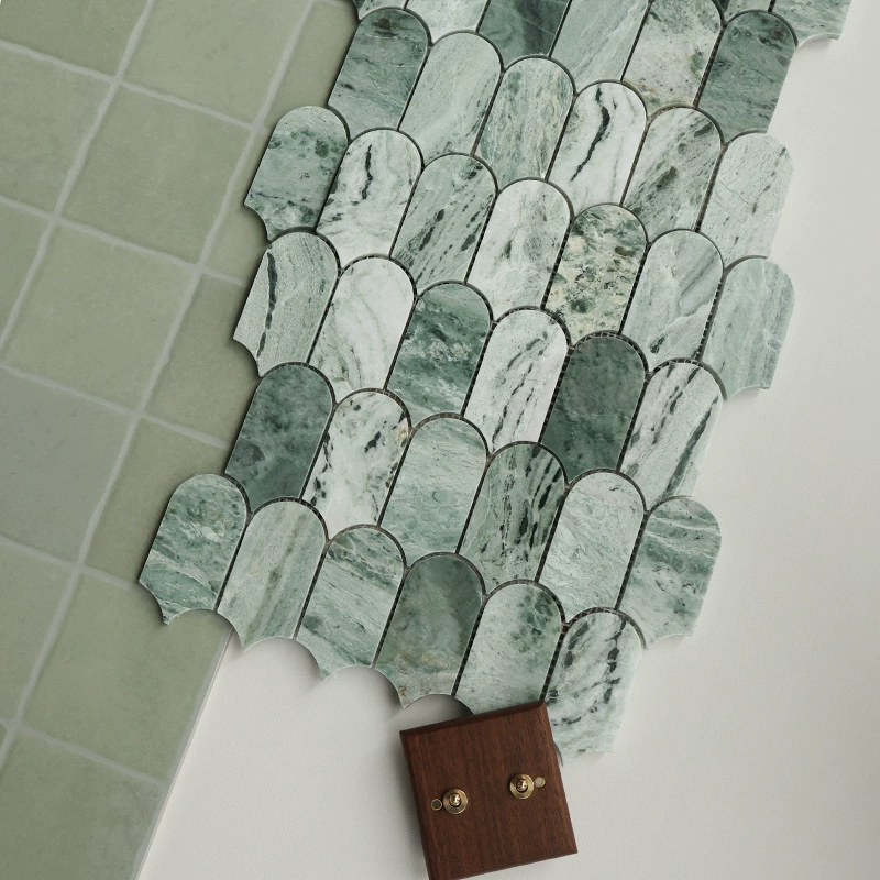 Нефритово-зеленая веерообразная мозаика из натурального камня для ванной комнаты, ресторана, холла отеля, доступная роскошная фоновая настенная плитка