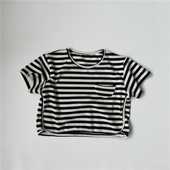 GL-kids韓版夏季新品兒童經典條紋口袋包邊T恤男女童水洗親膚短袖