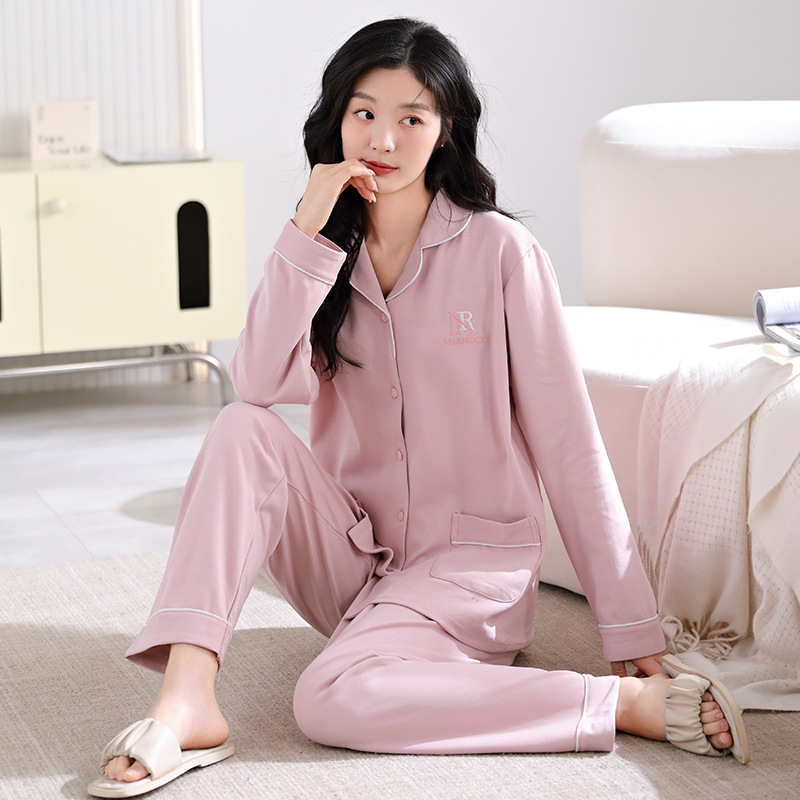 순면 여성의 봄과 가을 긴팔 바지 파자마 카디건 플러스 비료 플러스 모든 면 긴팔 홈 옷 가을과 겨울 엄마 파자마