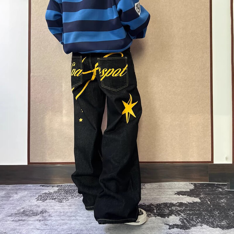 Original American-Style Letter and Star Print Jeans for Men and Women, Loose Bf-Style Street Design Wide-Leg Pants