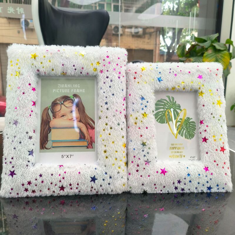 Plush photo frame gilded five-pointed star density board wrapped flannel imitation rabbit hair square hollow photo frame European and American 8 inch table
