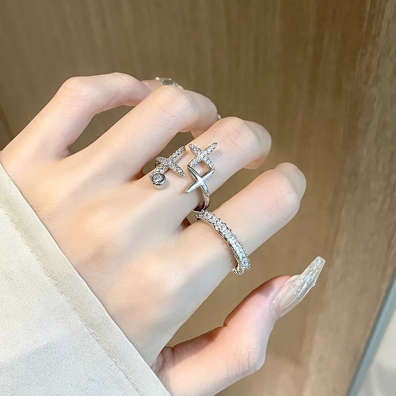 輕奢碎鑽星芒閃鑽滿鑽鋯石戒指小眾設計高級感ins冷淡風開口戒女