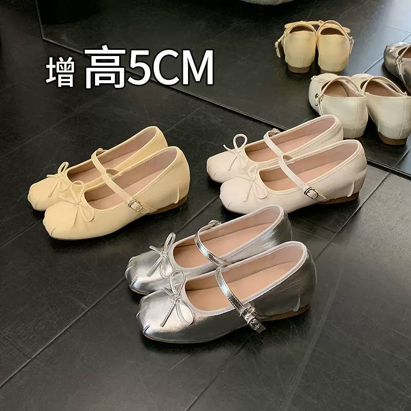 33码！5cm内增高单鞋女夏季新款浅口玛丽珍鞋法式蝴蝶结芭蕾舞鞋