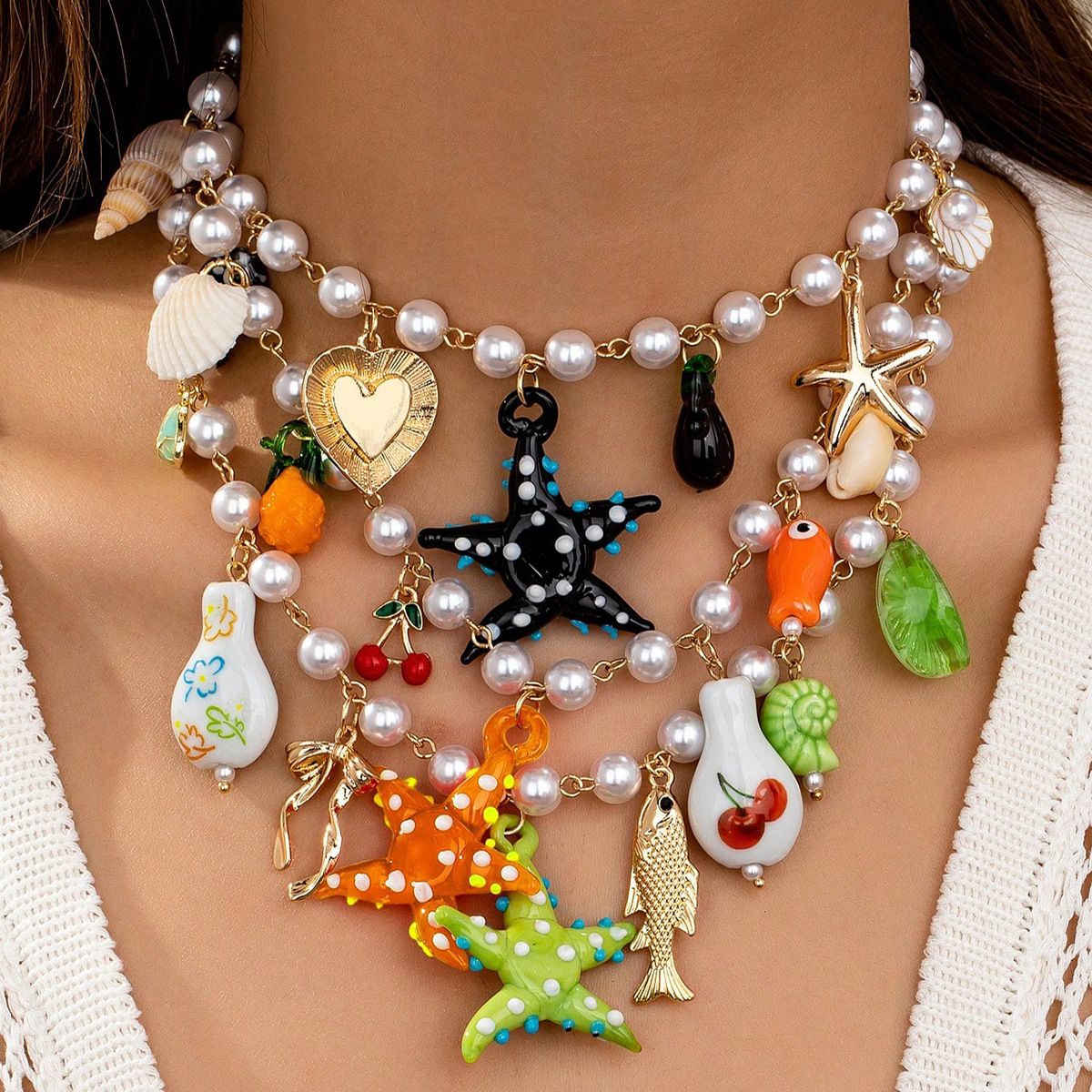 50g Weight Lobster Trigger Clasp Closure Clasp Closure Type Alloy, ceramics Pendant Material Multi Charms Necklace Classification Pearl, Alloy Chain Material Handmade Chain Chain Type 1 Piece Quantity Beach Sweet Starfish Heart Shape Fish Imitation Pearl Alloy Ceramics Handmade Chain Lobster Trigger Clasp Closure Pendant Necklaces Wholesale