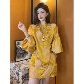 小洋装名媛套装女夏款新中式国风黄色缎面衬衫裙子两件套