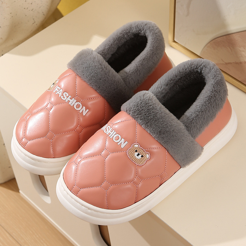 3.5CM厚底、ヒール付き、綿入りスリッパ、女性用、25新作、PUレザー、防水、秋冬、産後、屋外でも履ける、男性用、毛皮スリッパ|undefined