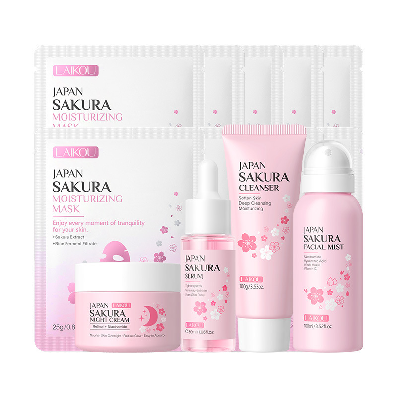 Nuevos productos transfronterizos LAIKOUFENYIQUIYUM combinación de flores de cerezo leche caracol paquete de cuidado de la piel comercio exterior en stock