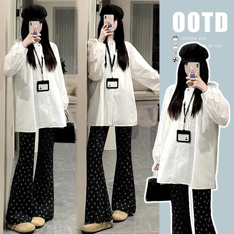 Maternity Wear 2025 Autum New Korean Style Fashionable Loose Round Neck Shirt + Printed Bell Pants Maternity Suit