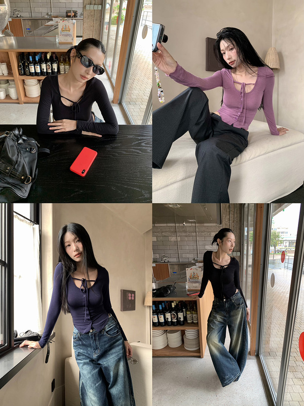 [9hour]美式纯欲风别致系带开衫女 2025秋季外搭长袖t恤女c250616|undefined