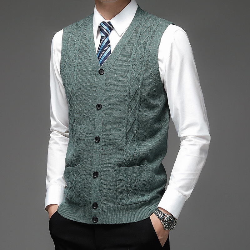 Cuello en V de un solo pecho de lana de color sólido casual Fit en stock suéter gris sin capucha cardigan chaleco de lana