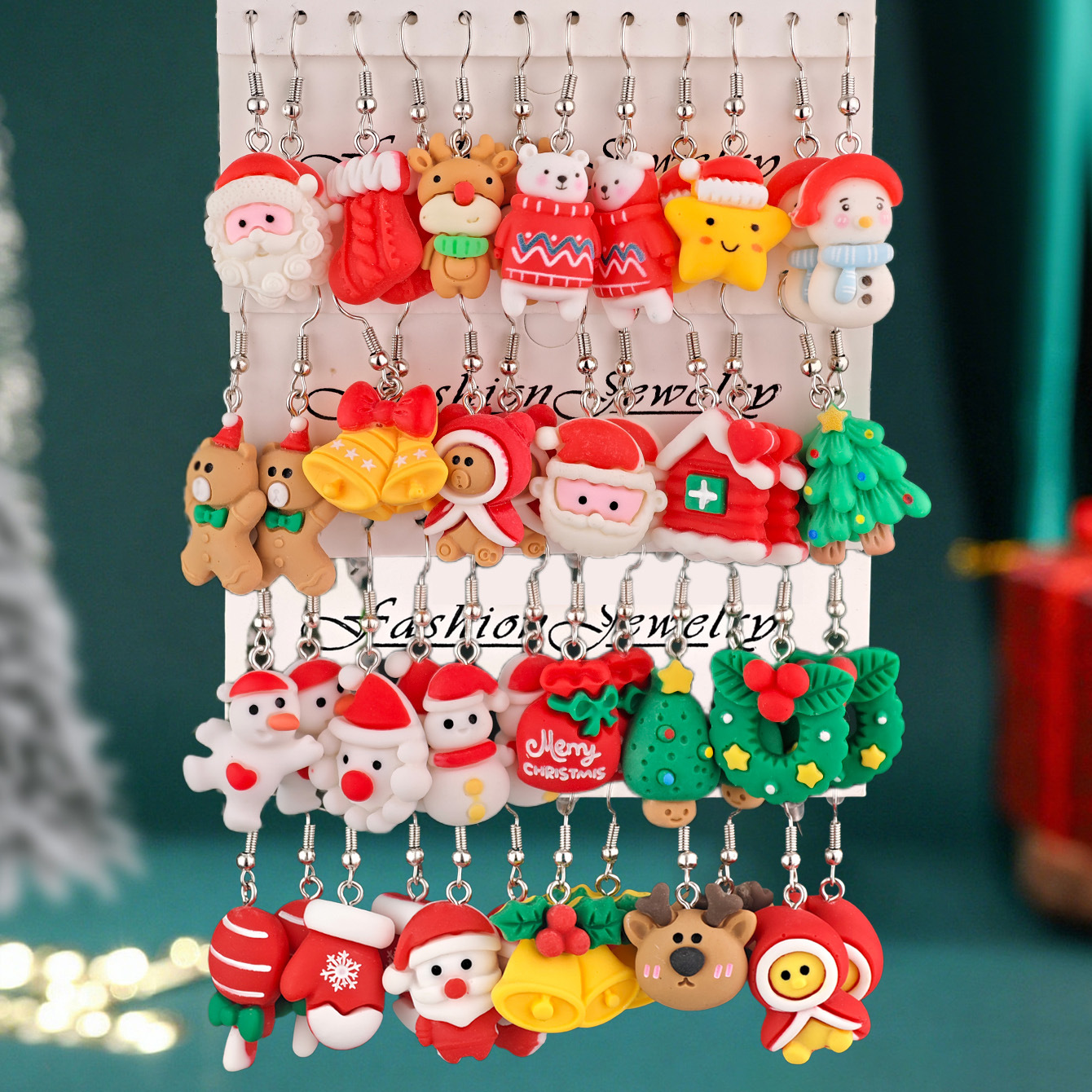12pcs transfronterizos venta caliente pendientes de Navidad creativos Papá Noel muñeco de nieve lindo pequeño alce set de regalo