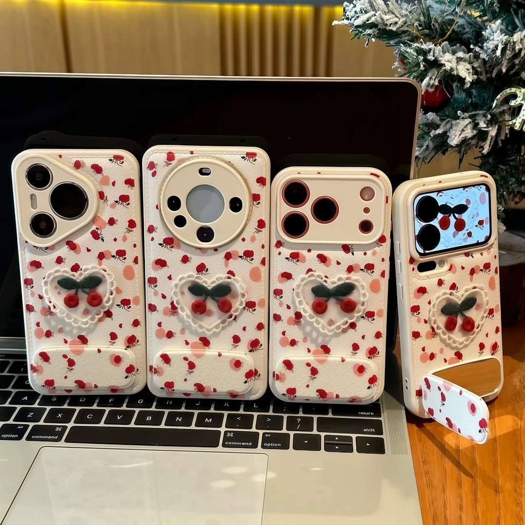 Leather Phone Case For Iphone 16 Pro With Embroidered Cherry Art_voghion.com