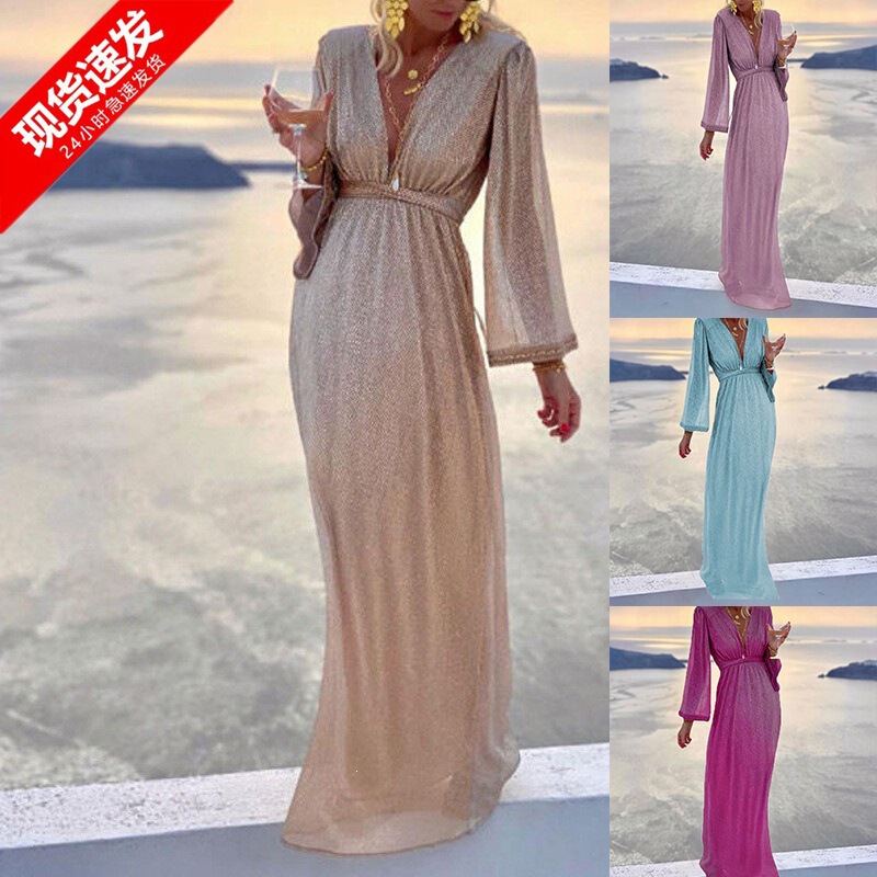 2026 European and American cross-border Amazon TEMU foreign trade women's fashion apricot V-neck long-sleeve sequin dress