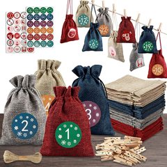 クリスマスリネン袋セットカウントダウンカレンダークリスマス降临ギフトバッグデジタルステッカー付きdiy装饰バッグ