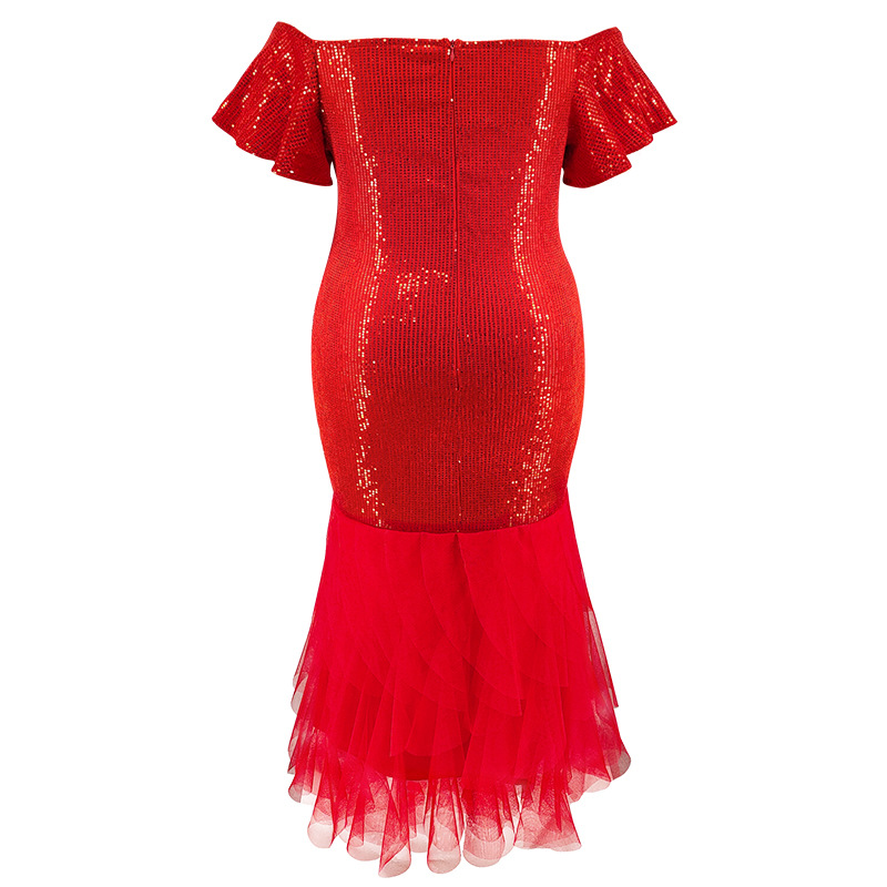 Elegant Plus Size Evening Dress In Red With Sequin Mesh Details_voghion.com