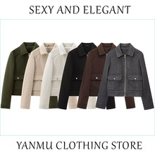 2025秋季爆款女装拉链饰软质夹克外套秋冬复古工装双口袋毛呢外套