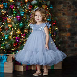 蓝色花童裙儿童礼服周岁宝宝公主裙新款仙蓬蓬裙法式婚礼花童裙