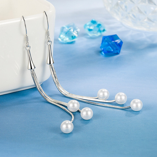 Fashionable national trend round ABS pearl earrings, women's long style, Korean version, simple imitation shell beads ear hooks, cute earrings