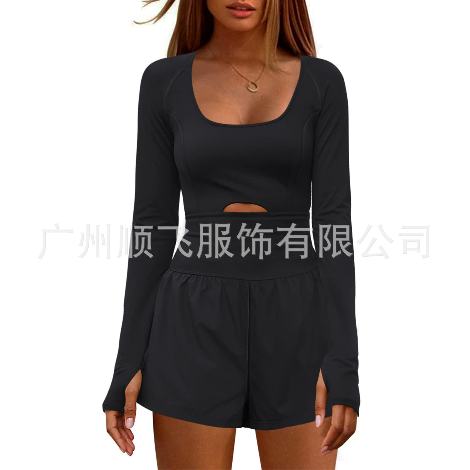 Transfronterizo europeo y americano sexy Hollow deportes ropa de mujer Amazon cintura-apretado moda manga larga al aire libre color sólido bolsillo mono
