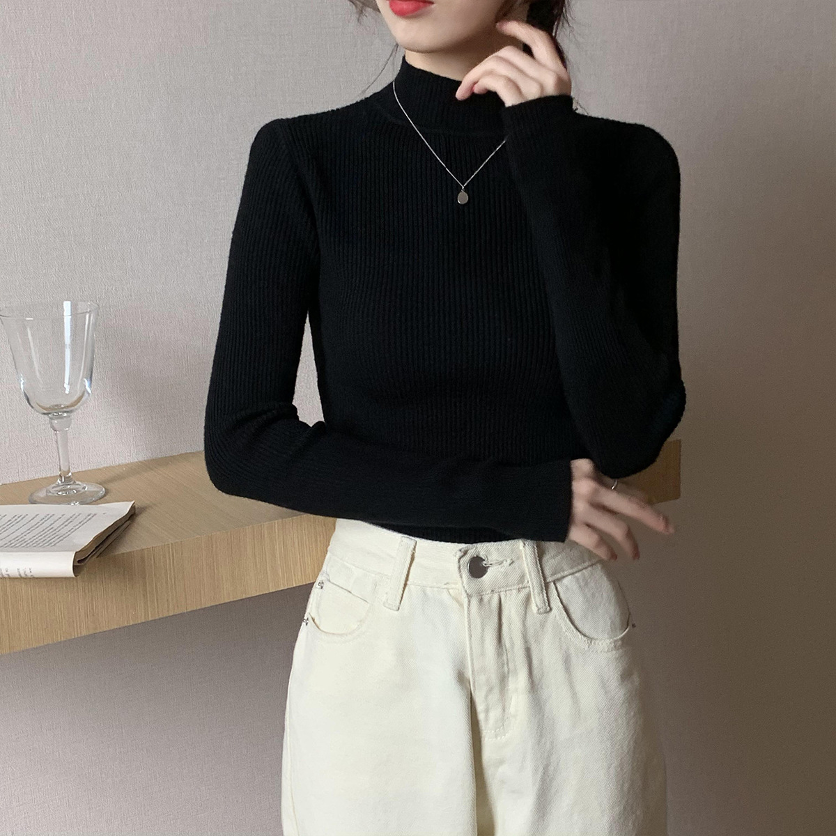 High Neck Long-Sleeved Slim Pullover Wool Top NSFYF85663