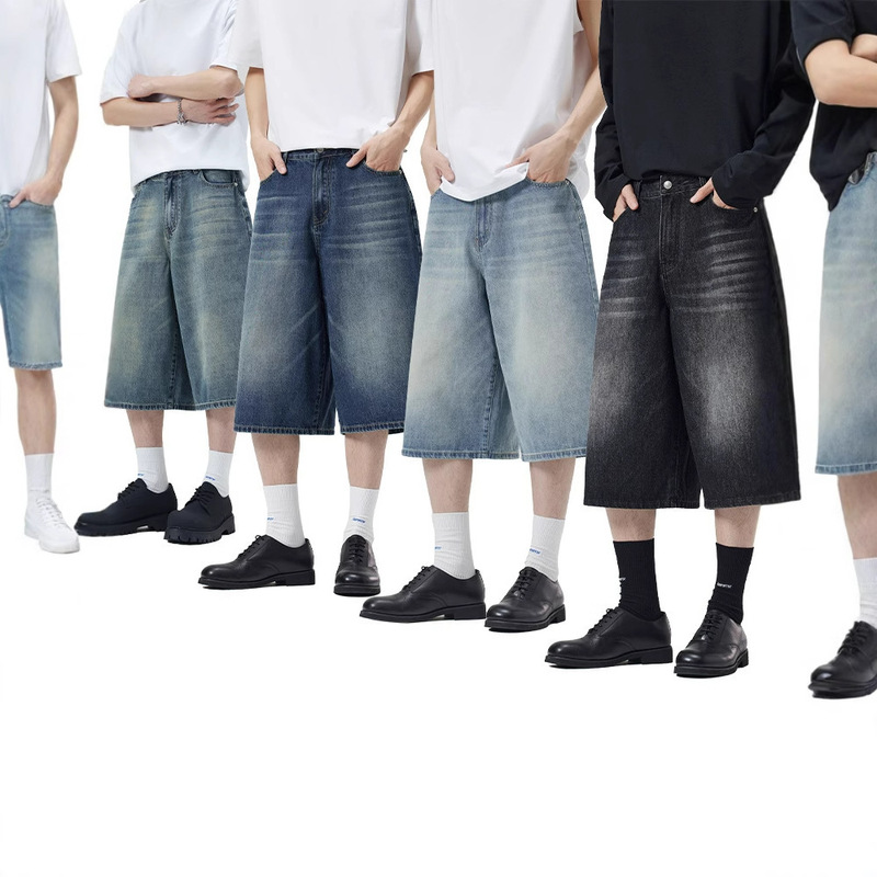 Cross-Border Jeans Summer Korean Style Washed Wide-Leg Cropped Jeans for Men and Women Loose Slimming Silhouette Straight Cross-Border