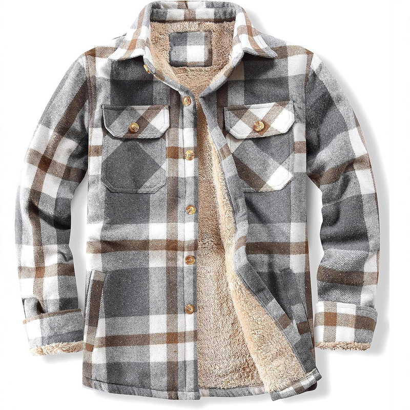 Cross-Border Men's Plaid Jacket Amazon Long-Sleeved Lapel Plus Velvet Single-Breasted Flannel Warm Plaid Men's Jacket