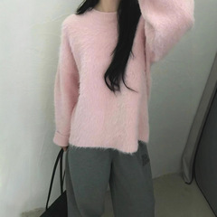 奶fufu粉色毛衣女秋季仿浣熊绒套头针织衫慵懒风保暖内搭外穿女装