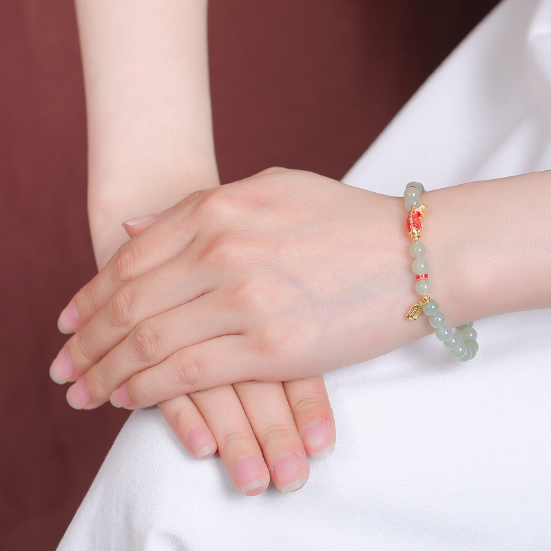 Vòng tay bạc S925 mạ vàng đính đá sapphire Hetian hạt tròn phong cách Koi Fu — Một chiếc