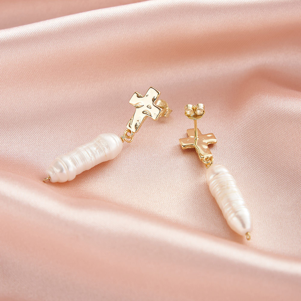 925 Sterling Silver, Freshwater Pearl Material Strict Selection December New Distressed Cross New S925 Sterling Silver Baroque Strip Natural Pearl Earrings
