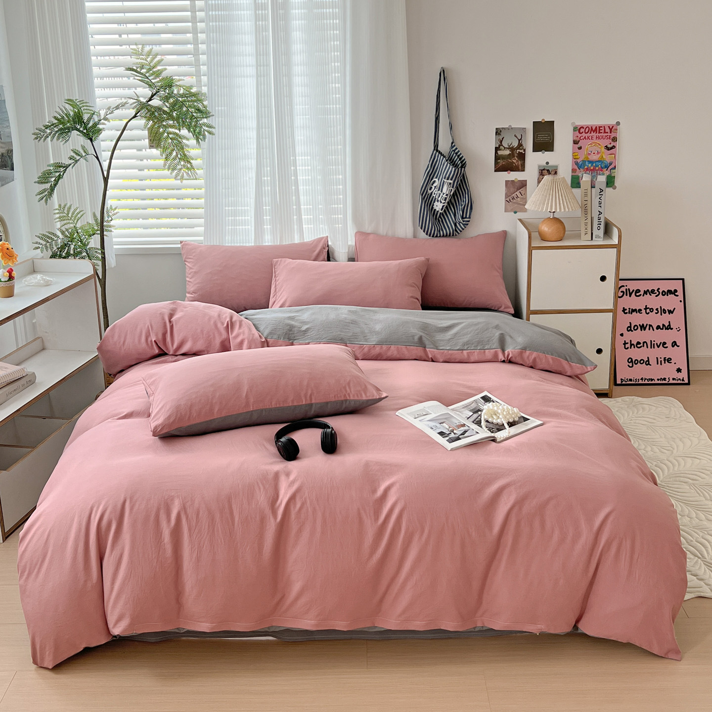 Japanese-style simple style washed cotton four-piece set single double quilt cover bed sheet dormitory three-piece bed four-piece set Wholesale