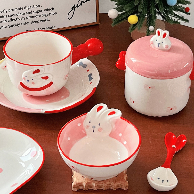 女の子向けの手描きの高級食器、かわいい寮のボウル、陶器の食器セット、皿、スプーン、ヨーグルトボウル、カップ|undefined