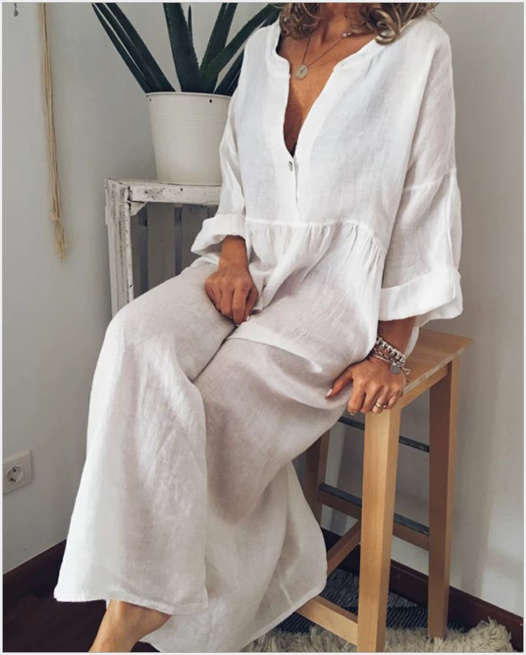 Трансграничная эксклюзура для 2024 Amazon новый ближневосточный лен сплошной цвет длинный рукав с V-образным вырезом пуговицы большой качели платье женский