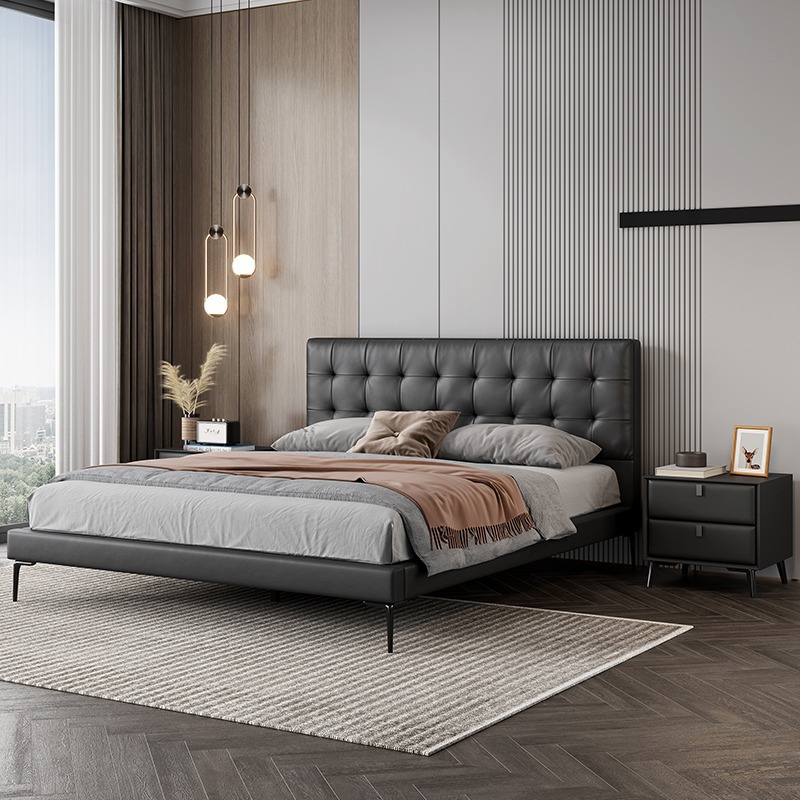 Cama de cuero de estilo medieval, cama principal moderna simple, cama doble retrógrada de 1.8m, cama individual de borde pequeño
