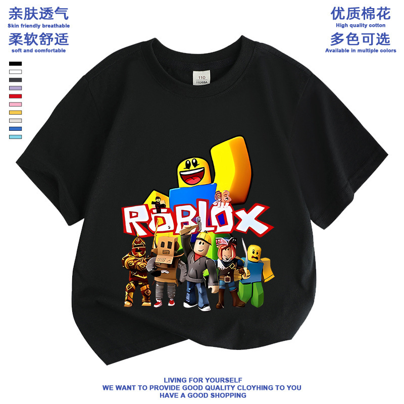 Roblox Kidsren's Clothing for Boys and Girls Short-Sleeved T-Shirt Summer Pure Cotton Cartoon Peripheral Clothes Student Bottoming Shirt Half-Sleeved New