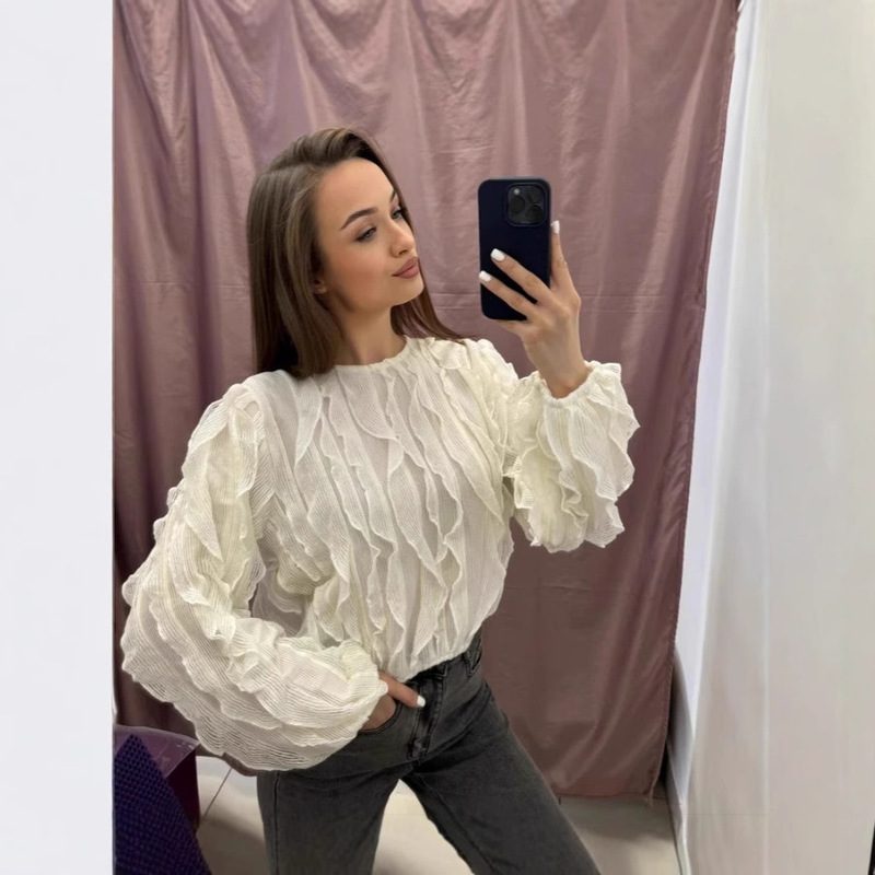 French-Style Long-Sleeve V-Neck Layered Lace Shirt for Women, New Spring Design with Age-Reducing Korean Version, Loose Top, Trendy on Instagram