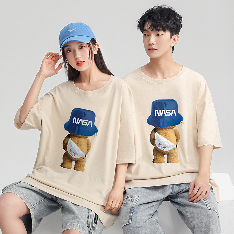 Men's Summer Short-sleeved T-shirt Men's and Women's Loose NASA Backpack Bear Shoulder-drop Men's Crewneck T-shirt Couple's Base Shirt