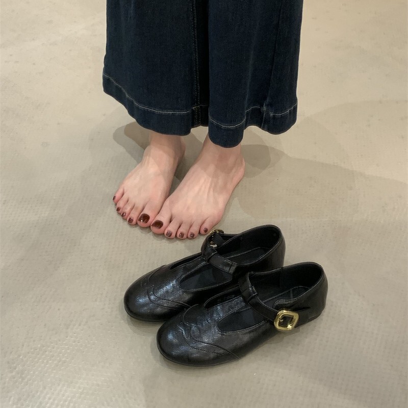 2025春夏新款晚晚风温柔鞋金色玛丽珍鞋T字扣圆头法式平底单鞋女|undefined